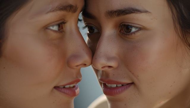 Intimate nose-to-nose closeup of two women leaning and staring, freckles, soft light