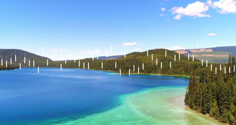 Digital Data Overlays on Serene Lake Landscape