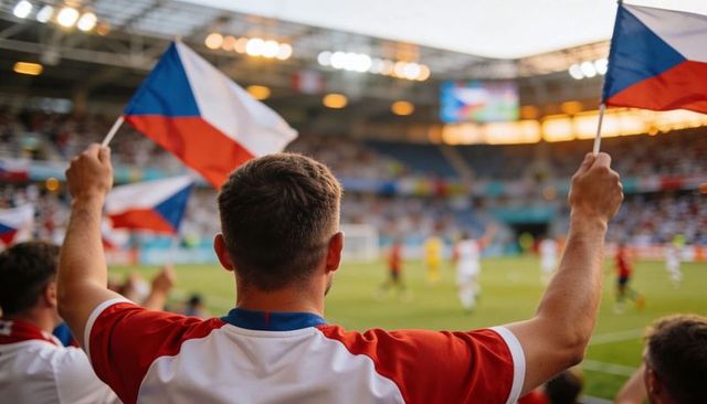 Waving czech fans cheering in stadium holding tricolor flags during evening football match