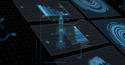Futuristic rocket blueprint on interactive digital interface