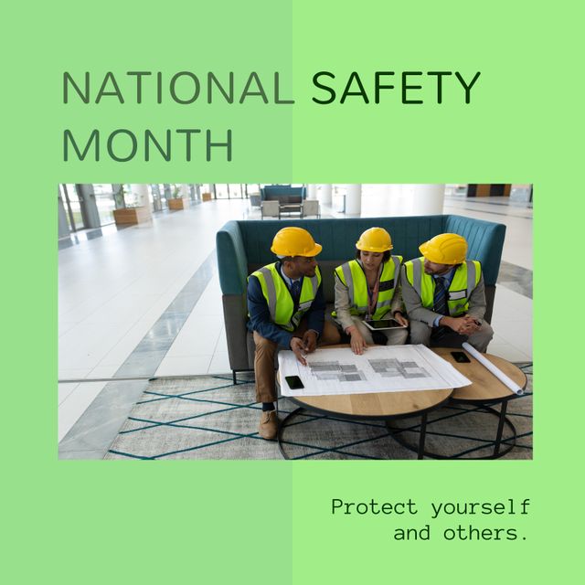 Composite of national safety month text and multiracial engineers discussing blueprint in office. Copy space, teamwork, protect yourself and others, awareness and alertness concept.