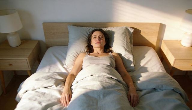 Woman Lying in Sunlit Bed Relaxing Calm Morning Minimal Wooden Headboard Lamps