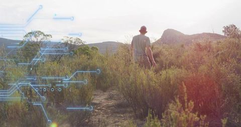 Lone hiker walking sunlit bushland trail with futuristic circuit overlay for adventure