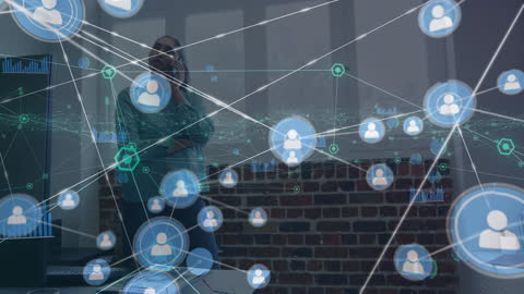 Woman on Phone Analyzing Digital Network Hologram in Office