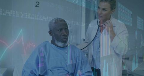 Doctor Examines Patient with Digital Healthcare Visualization Overlay