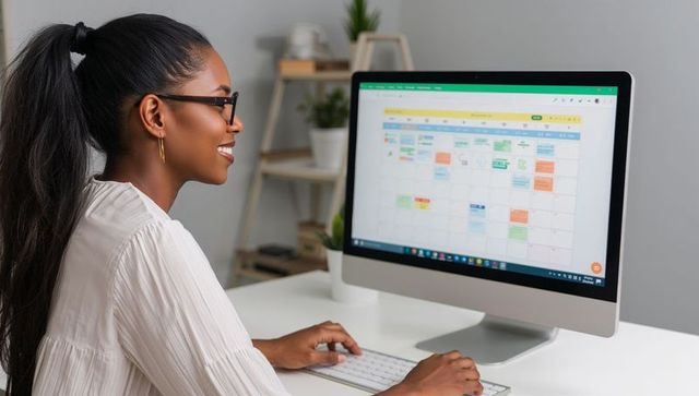 Smiling professional woman planning digital calendar on desktop computer at home office