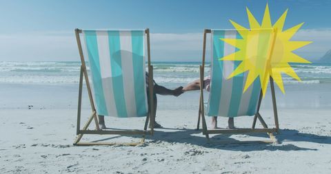Senior Couple Relaxing on Sunny Beach with Sunbeds
