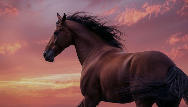Majestic Chestnut Horse Running at Sunset Against Dusky Sky