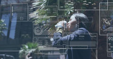 Woman Enjoying Coffee with Digital Data Interface Overlay