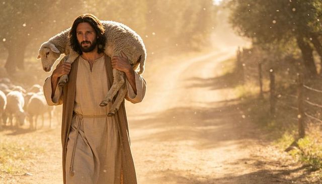 Golden-hour shepherd carrying lamb on shoulders along dusty country road