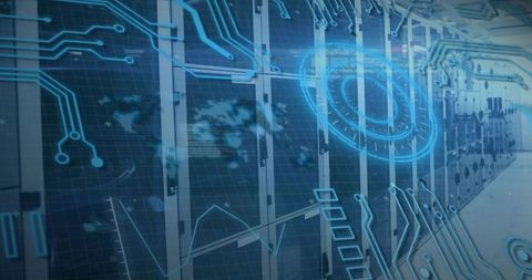 Data Center Server Racks Displaying Futuristic Blue Holographic Network Visualization