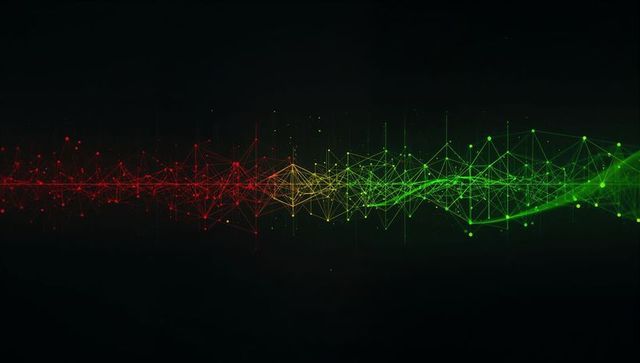 Red-to-green neon data waveform with connecting nodes, wireframe network, glowing particles