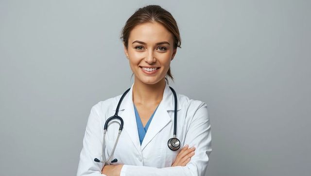 Smiling Female Doctor Standing Confidently Ready to Assist