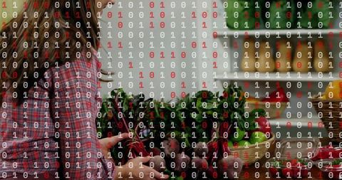 Grocery shopper inspecting fresh beetroots with digital binary overlay for food data