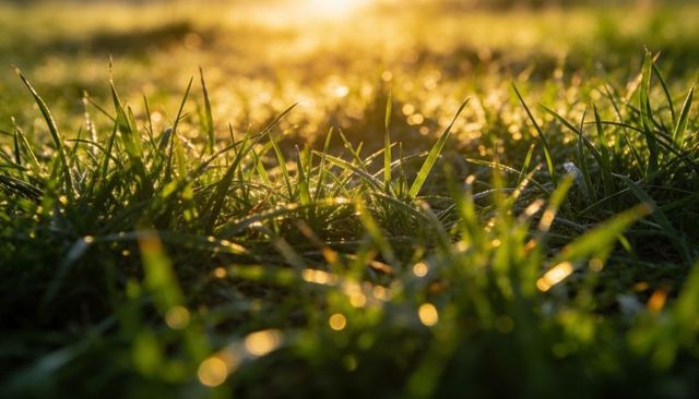 Glistening dew on grass blades at golden hour closeup with soft bokeh and warm backlight