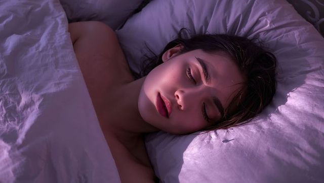 Serene woman sleeping under white duvet with moody purple lighting and soft pillow