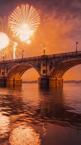Golden fireworks exploding over stone arch bridge at dusk with river reflections vertical video