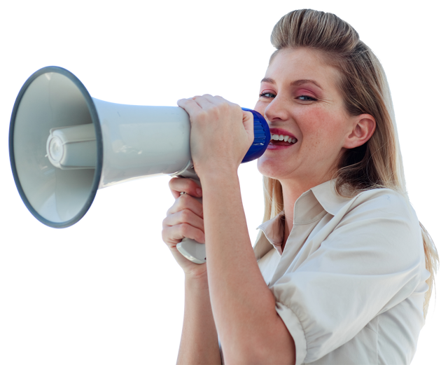 Transparent Image of Businesswoman Shouting through Megaphone - Download Free Stock Videos Pikwizard.com