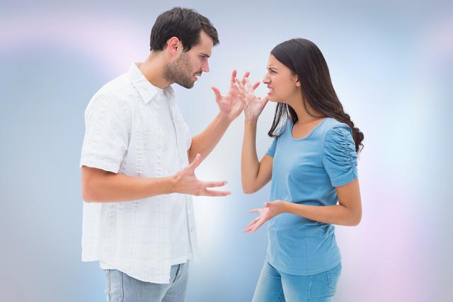 Digital composite of Angry couples arguing over blur background