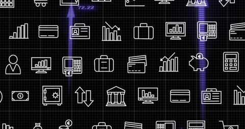 Tiled finance icons on gridded dashboard with purple neon beams, minimalist design