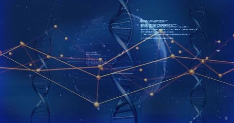 Holographic genomics network featuring 3d dna helix, dotted globe and neon data nodes