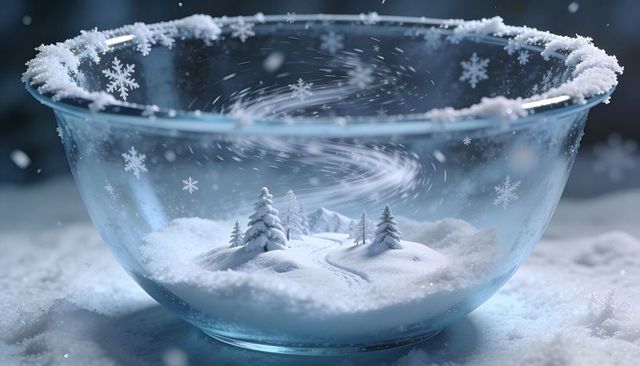 Miniature winter landscape swirling inside glass bowl with frosted rim and snow vortex