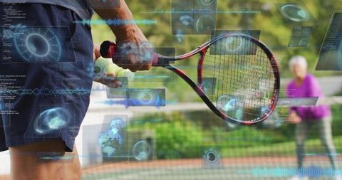 Elderly Man Playing Tennis with Futuristic HUD Overlay