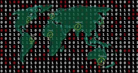 Global binary timezone map showing yellow analog clocks and city time labels