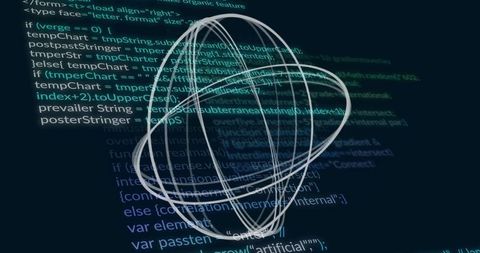 Futuristic wireframe sphere with code background