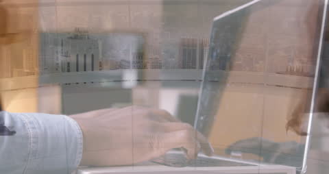 Collage of Business Hands Typing on Laptop and City Skyline
