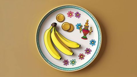 Luxurious teal tray display with bananas and gold coins, vishu festival