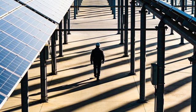 Worker walking under solar array inspecting panels and control boxes at utility-scale solar farm