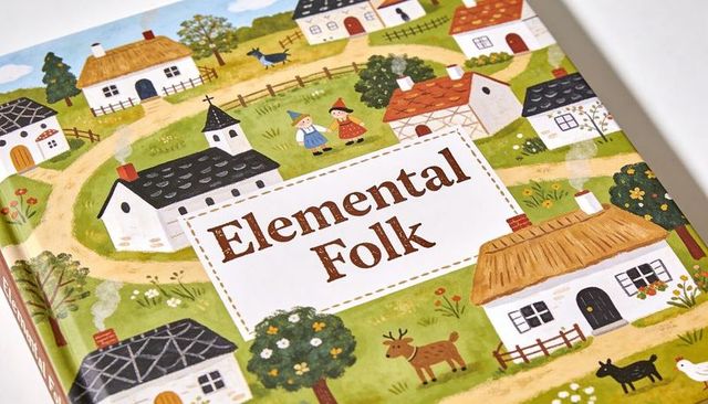 Whimsical watercolor village book cover featuring folk children, cottages, farm animals