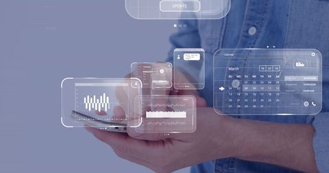 Businessman interacting with virtual data on smartphone
