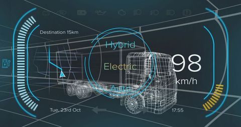 Futuristic truck dashboard interface in digital 3d grid tunnel