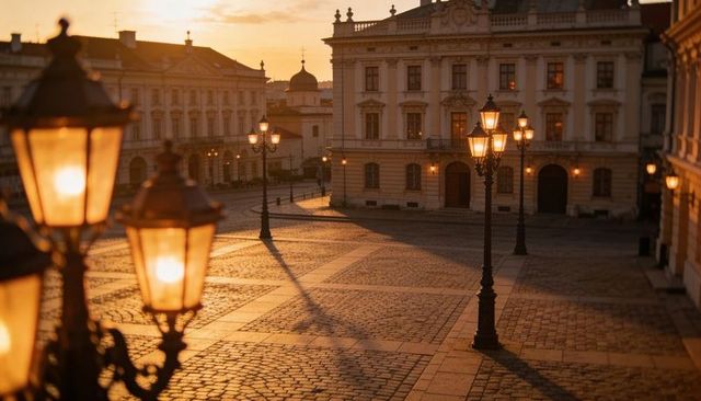 Golden-hour cast-iron lanterns casting long shadows across neoclassical cobblestone plaza