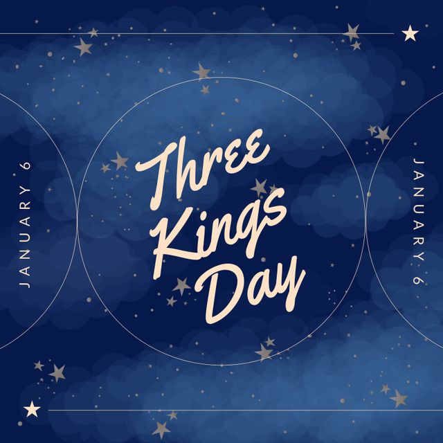Design suitable for Three Kings Day commemorations. Ideal for social media posts, digital greetings, holiday event promotions, or informative blog banners. Blue night sky theme with clouds and golden stars sets an inviting, festive mood, perfect for conveying the traditional significance of the holiday.