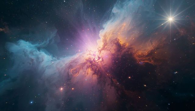 Colorful nebula with bright star flares in deep space