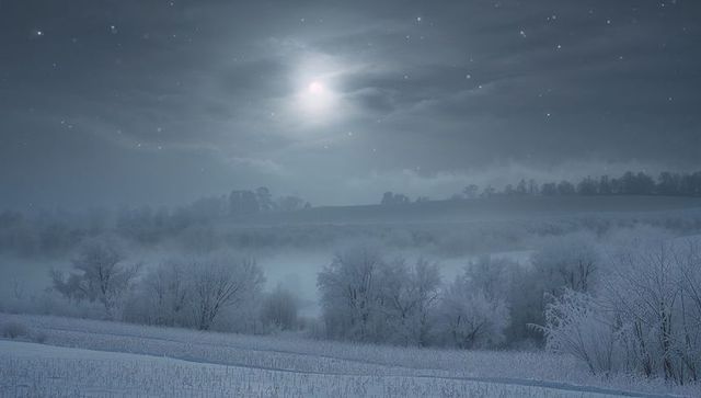 Moonlit frosted countryside: snowy field and trees glowing under starry winter night