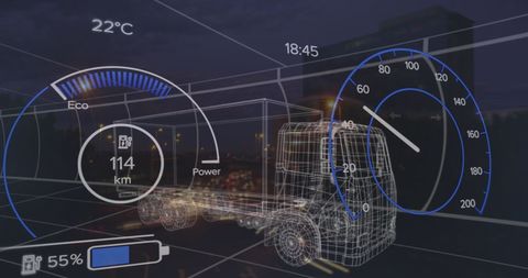 Digital interface of vehicle dashboard with lorry visualization