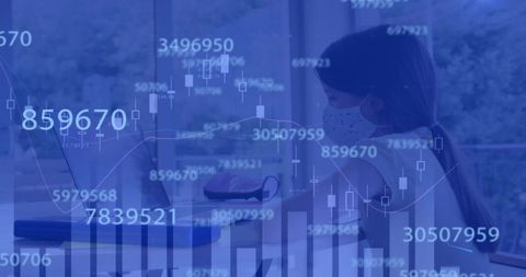 Young Girl in Mask Using Laptop with Data Analytics Overlay