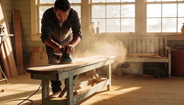 Carpenter sanding wood plank on rustic workbench in sunlit workshop with orbital sander and dust