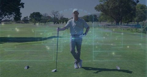 Golfer Leaning on Driver with Futuristic HUD Overlay on Tee Box