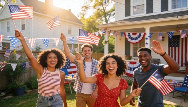 Waving american flags at backyard fourth of july celebration with multiracial friends