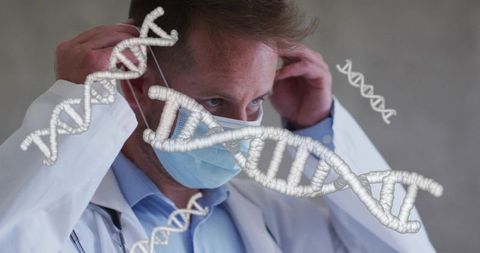 Doctor adjusting surgical mask with dna helix overlay representing genomics and ppe
