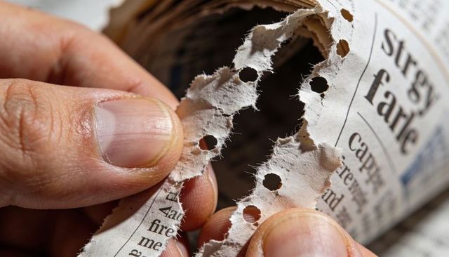 Tearing perforated newspaper strip closeup showing hole punches, fingertips, paper texture