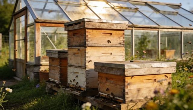Honeybees buzzing around stacked langstroth hives beside greenhouse at golden hour