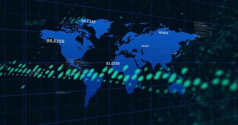 Visualizing Global Telemetry Network: Neon World Map, Data Streaks, Numeric Analytics HUD