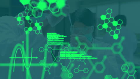 Scientists Analyzing Data with Chemical Formulas Overlay