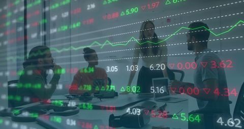 Analyzing financial data with a diverse business team in modern office